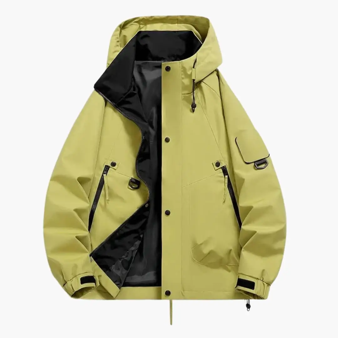 Unisex hooded parka with drawstring hood, zipper and pockets in olive green.