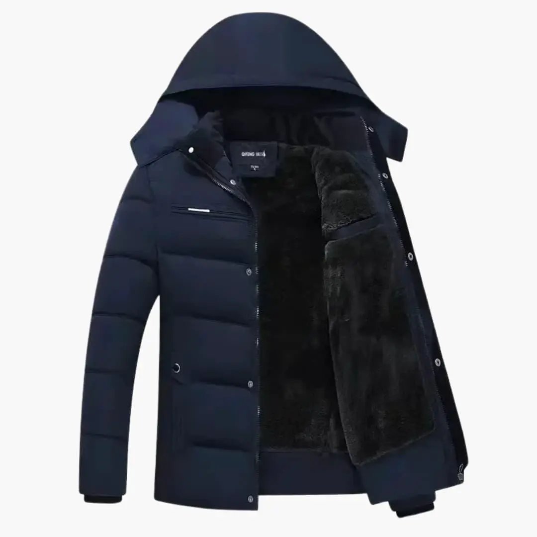 Men's navy puffer jacket by Wilfred Smith with hood and black faux-fur lining
