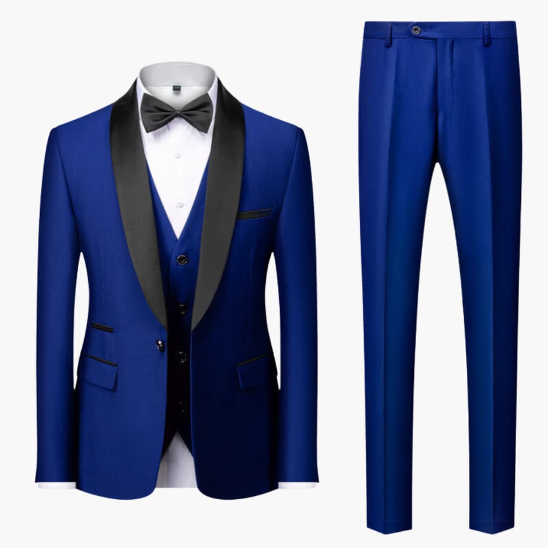 Men's three-piece Wilfred Smith suit set in royal blue with black shawl collar and bow tie