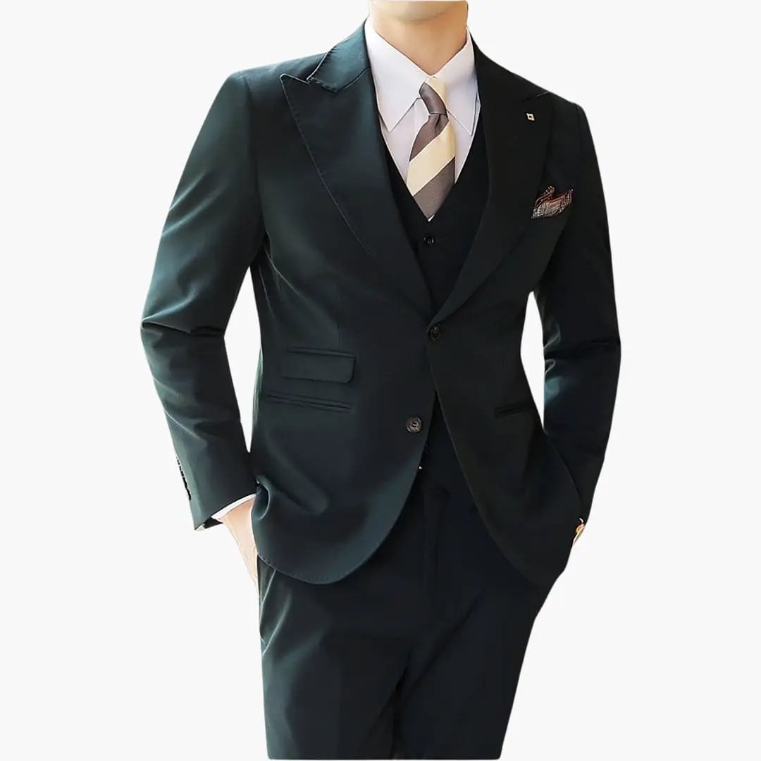 Men's slim-fit three-piece suit in dark green with vest, blazer and trousers, white shirt and striped tie
