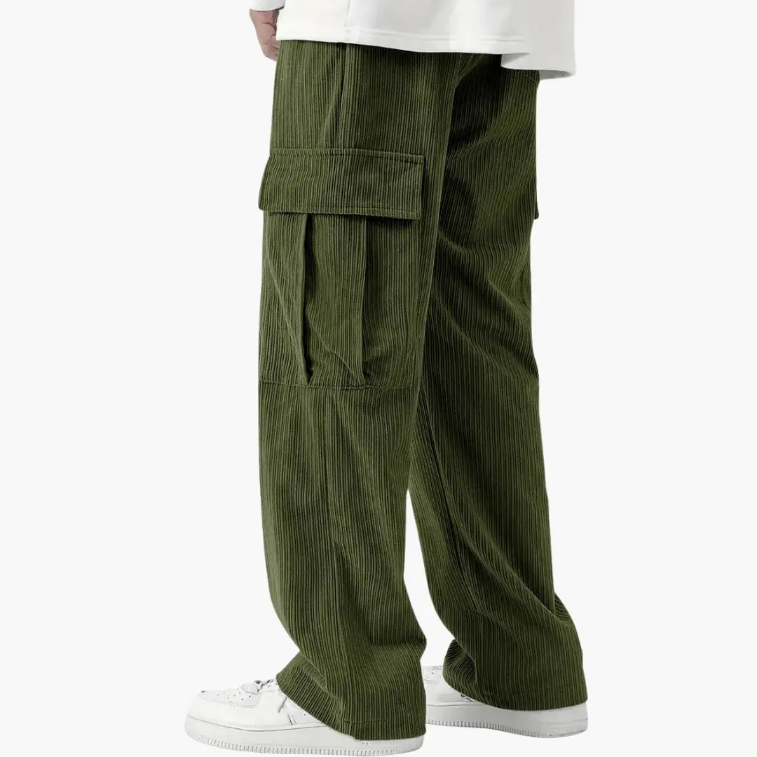 Men's olive green corduroy pants with cargo pockets