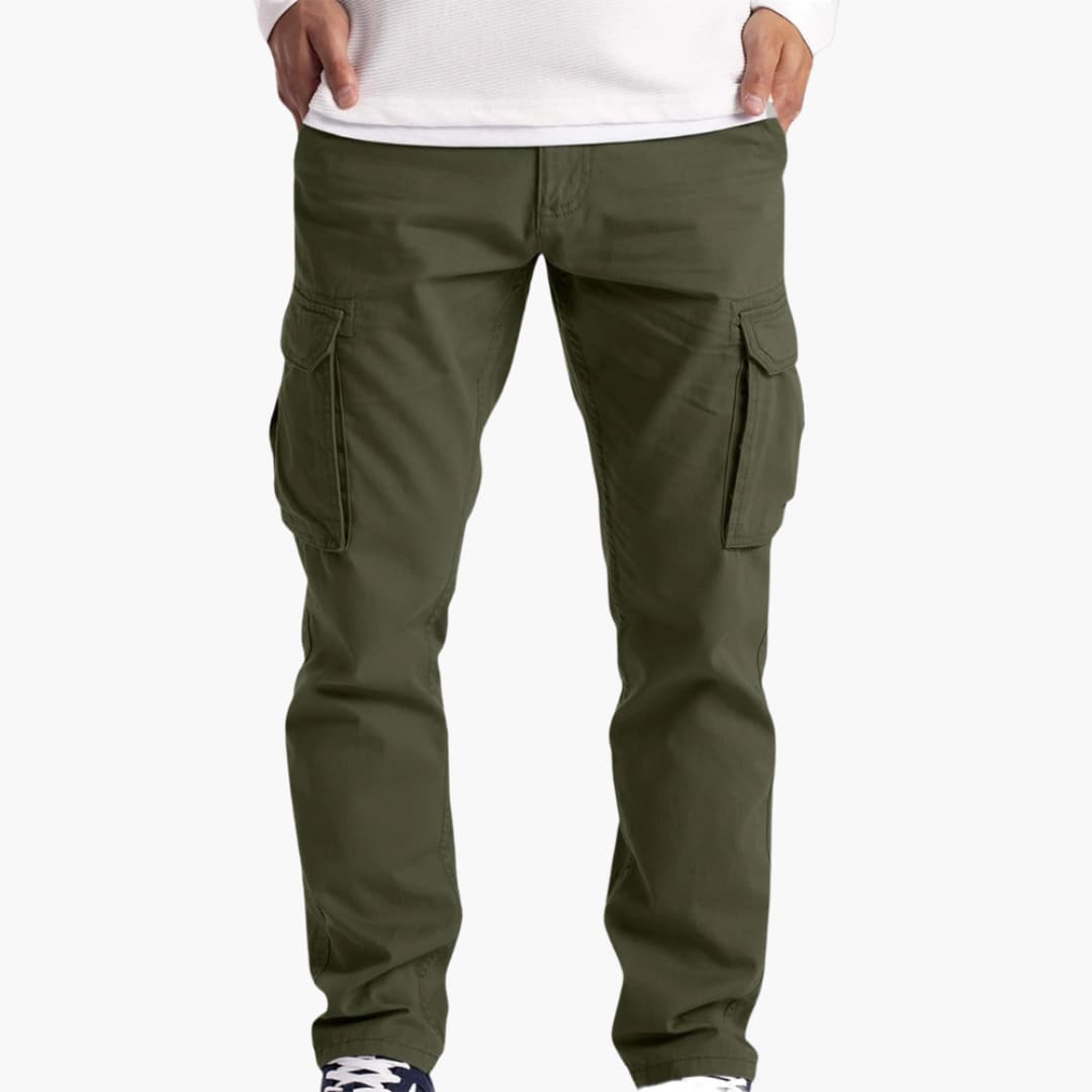 Men's summer cargo pants in olive green with cargo pockets and adjustable waist, Wilfred Smith.