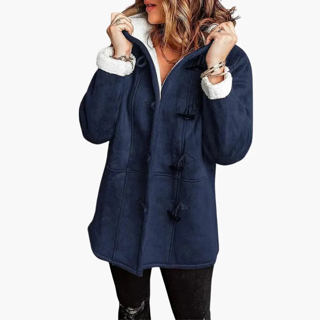 Women's jacket with hood, navy duffle style, toggle closures, white sherpa cuffs