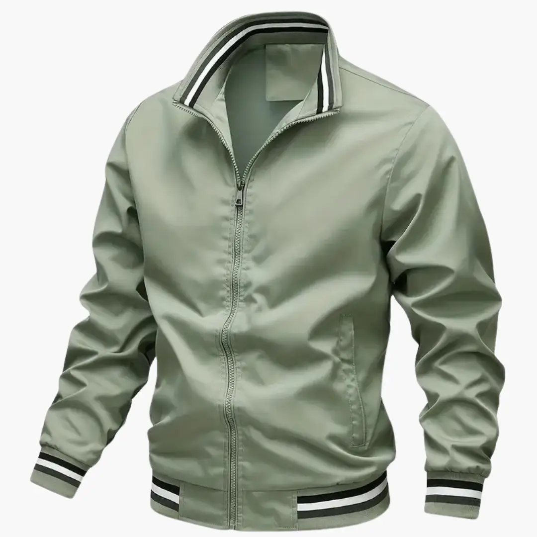 Men's bomber jacket Wilfred Smith in sage green with ribbed striped collar and cuffs, front zipper