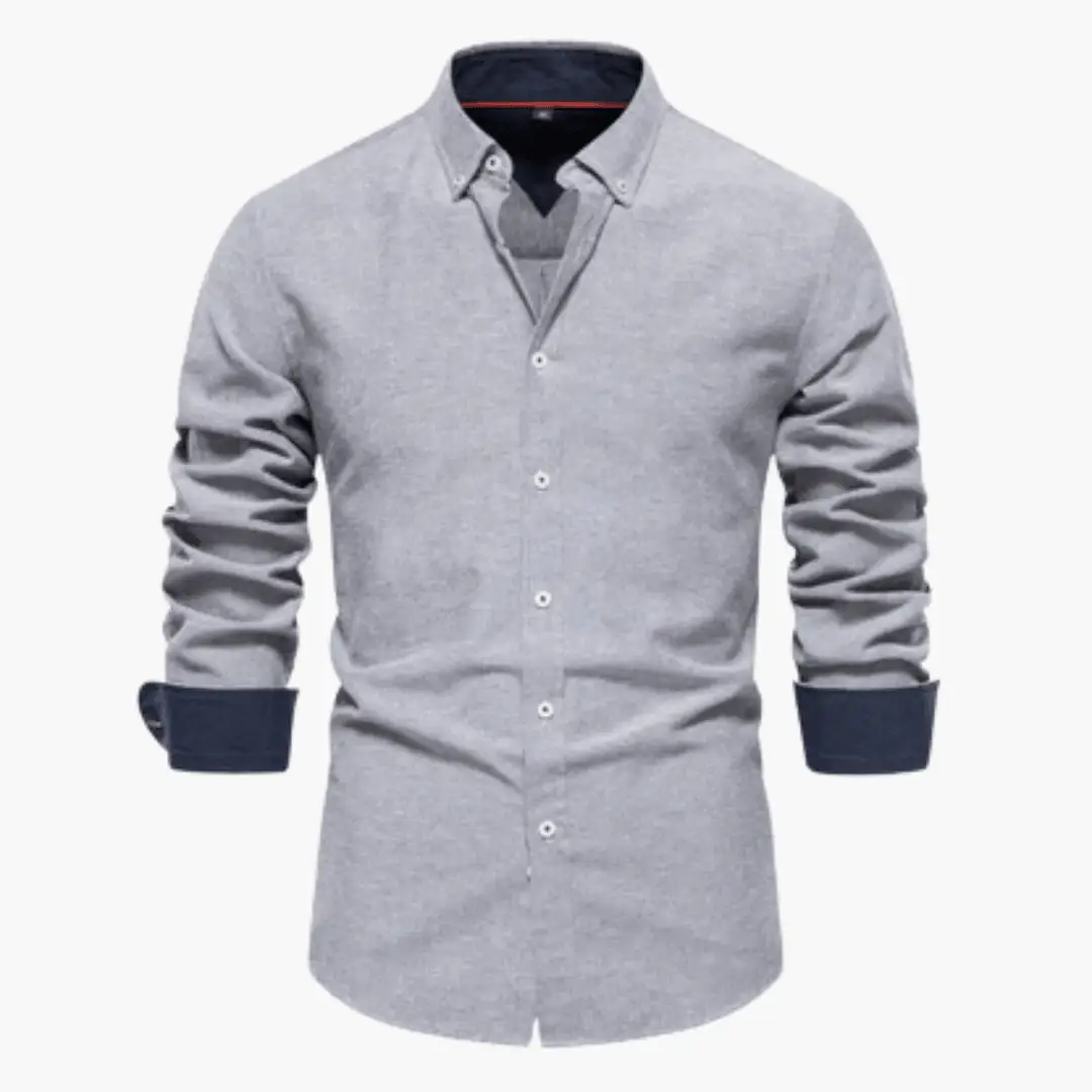 Classic shirt for men in light grey with navy cuffs and front button placket
