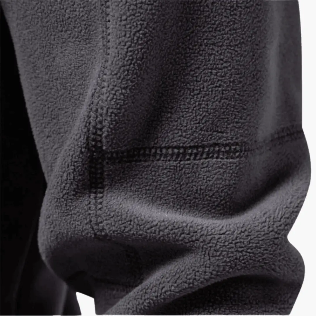 Men’s fleece pullover sweatshirt in dark gray fleece fabric.