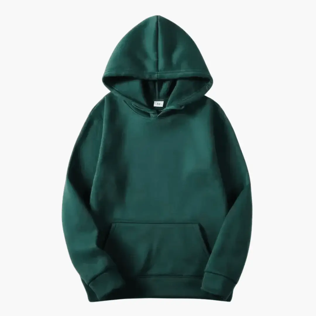 Women's fitted hoodie by Wilfred Smith in dark green with adjustable hood and ribbed hem