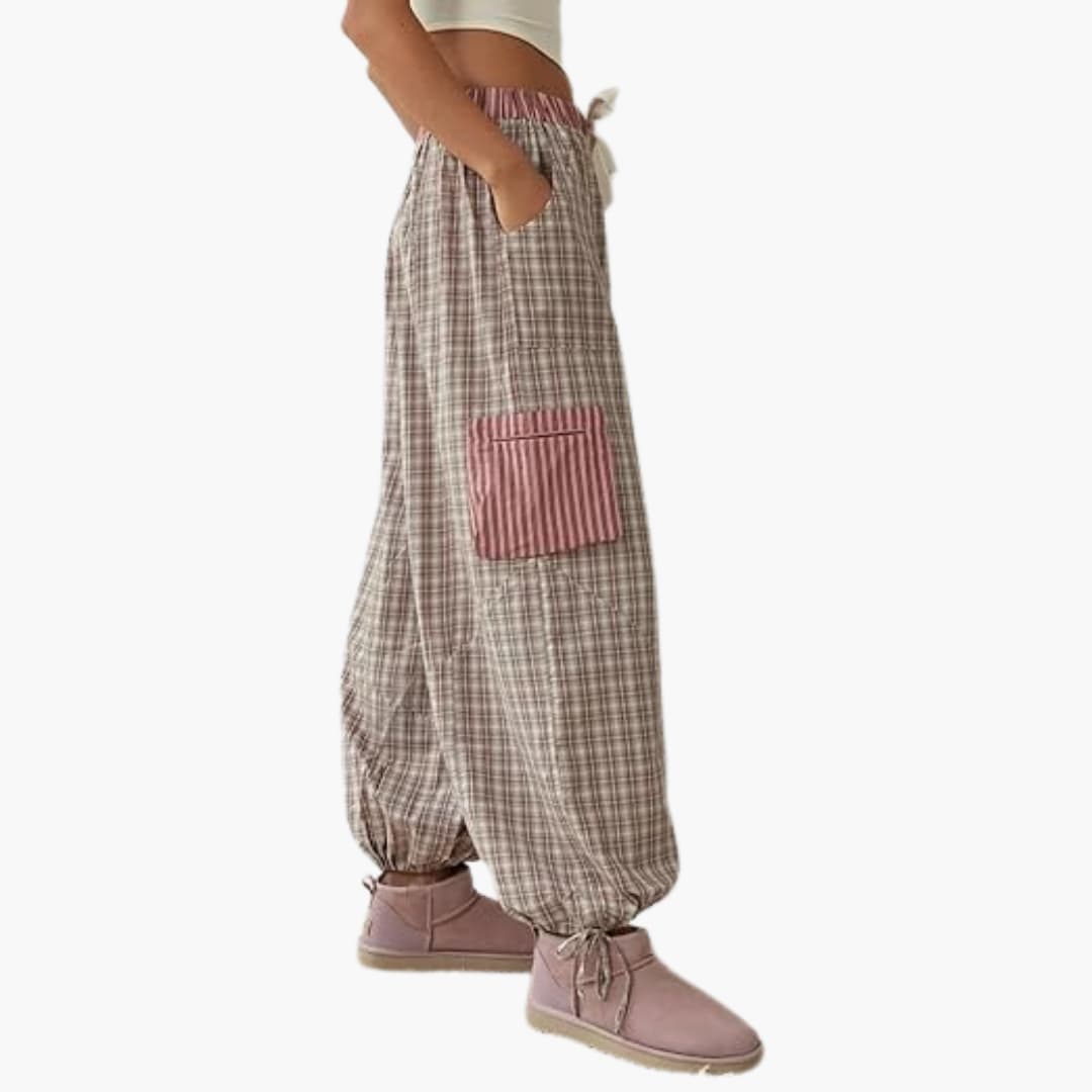 Women's Pajama Set with Button Top and Elastic Pants; beige plaid with pink striped pocket.