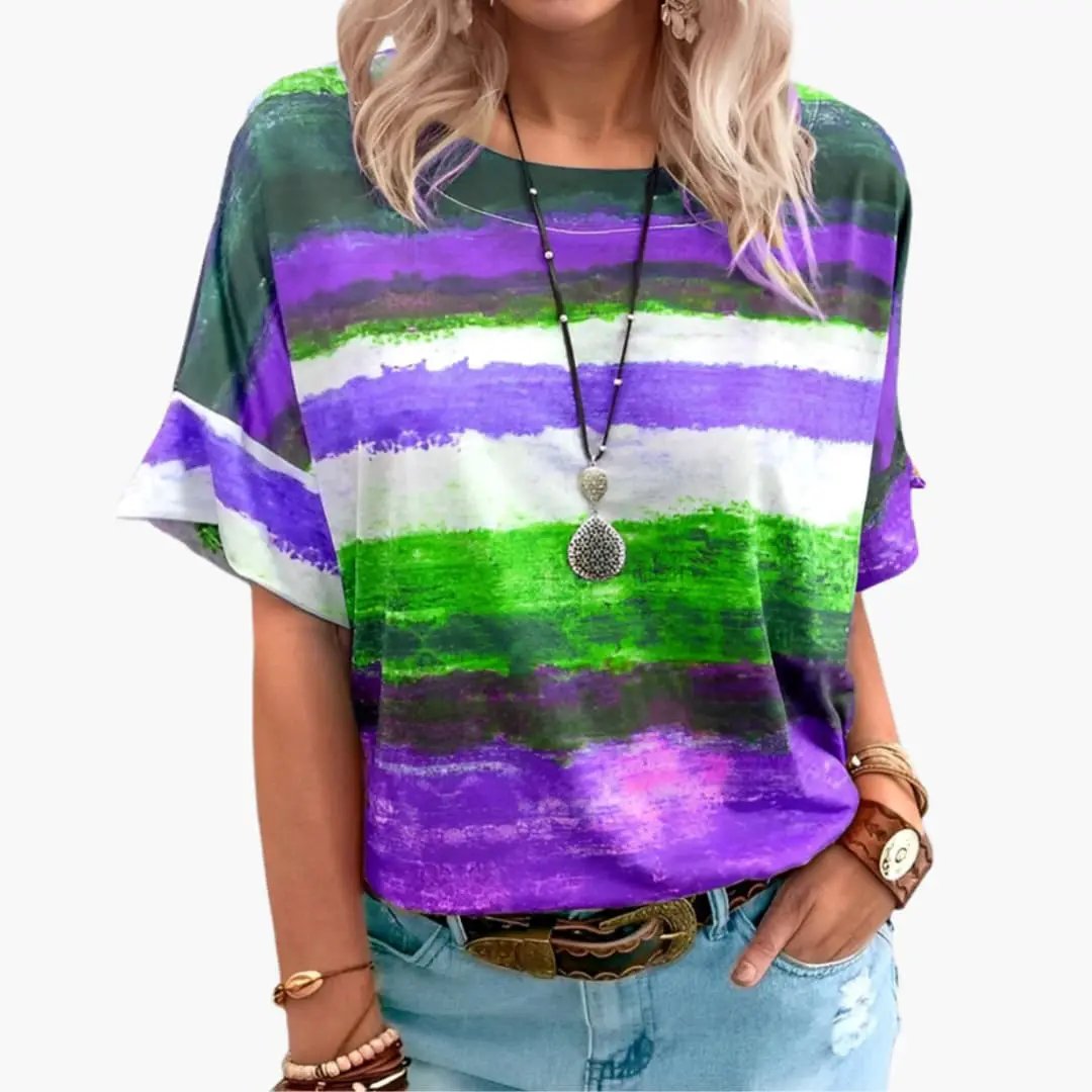 Women's Classic Crew Neck Short Sleeve T-Shirt with bold purple, green, and white stripes.