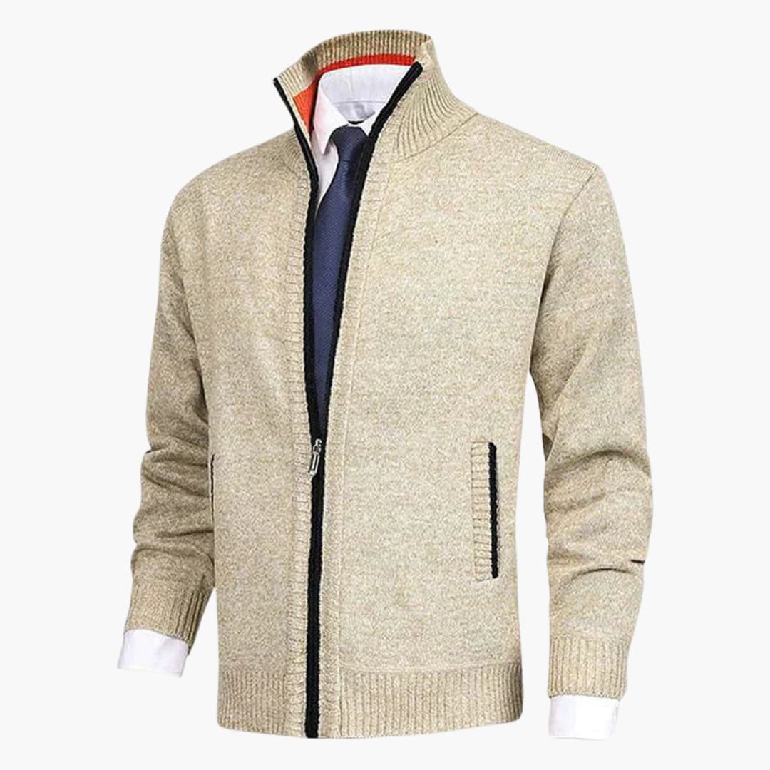 Men's zip cardigan with stand-up collar in beige knit, ribbed cuffs and hem.