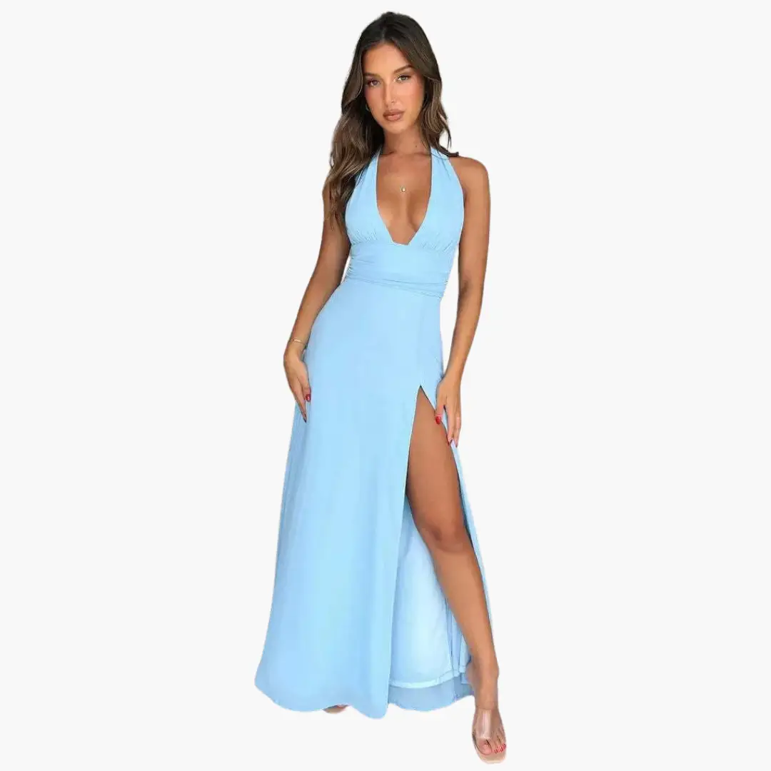Maxi dress with halter neck in light blue, high slit, Wilfred Smith
