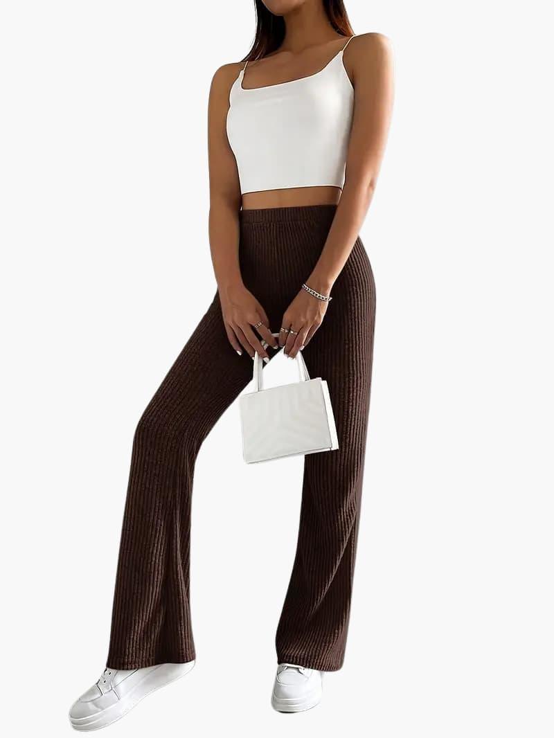 Wide High Waist Knit Pants for Women in brown knit, paired with a white crop top and sneakers
