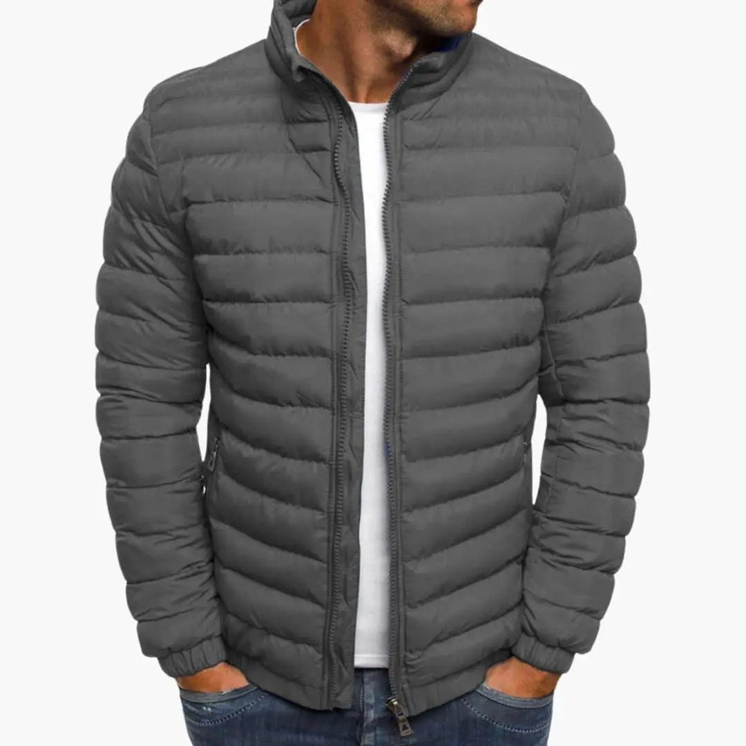 Men’s Wilfred Smith gray hooded puffer jacket with zipper closure