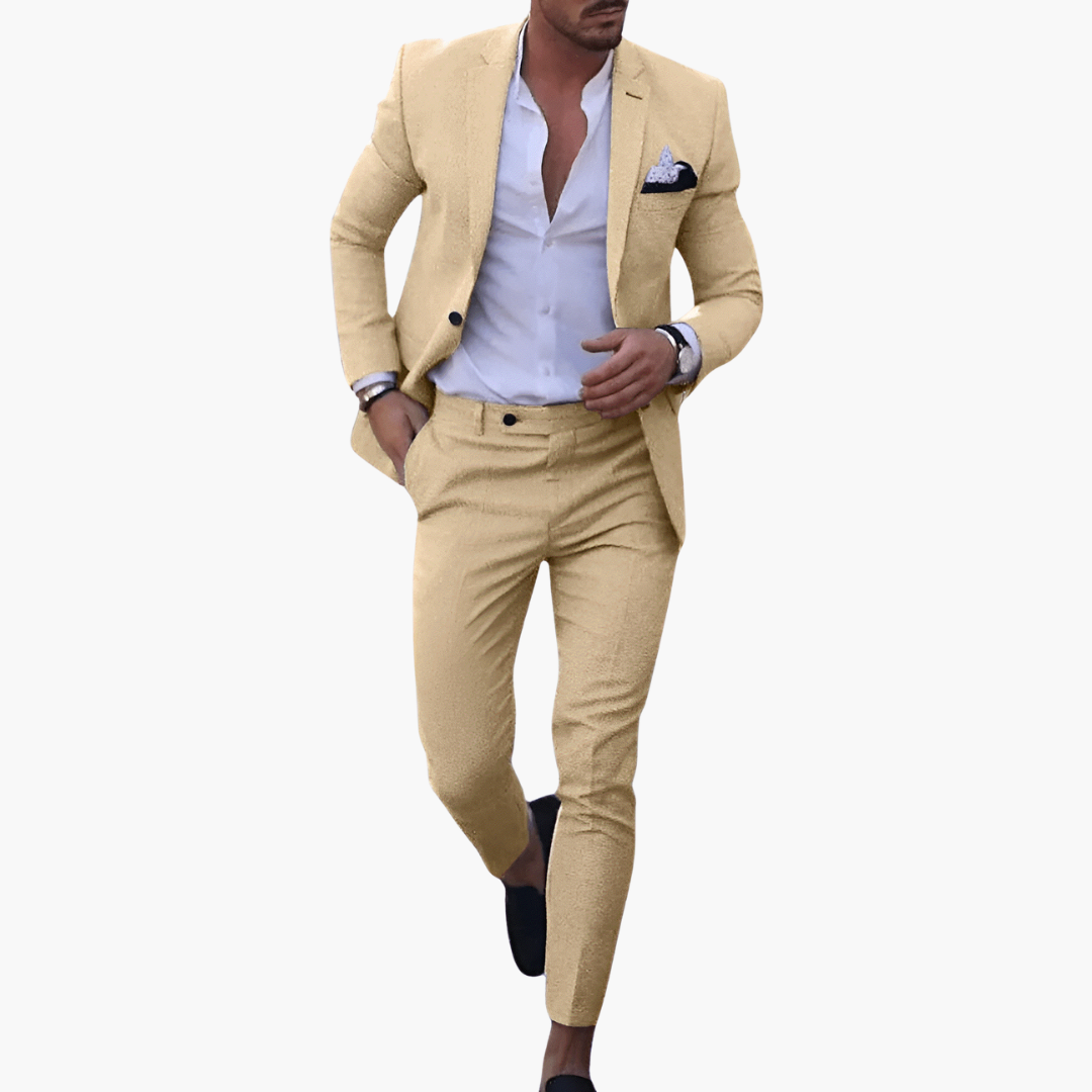 Men's two-piece beige summer suit set with jacket and slim trousers