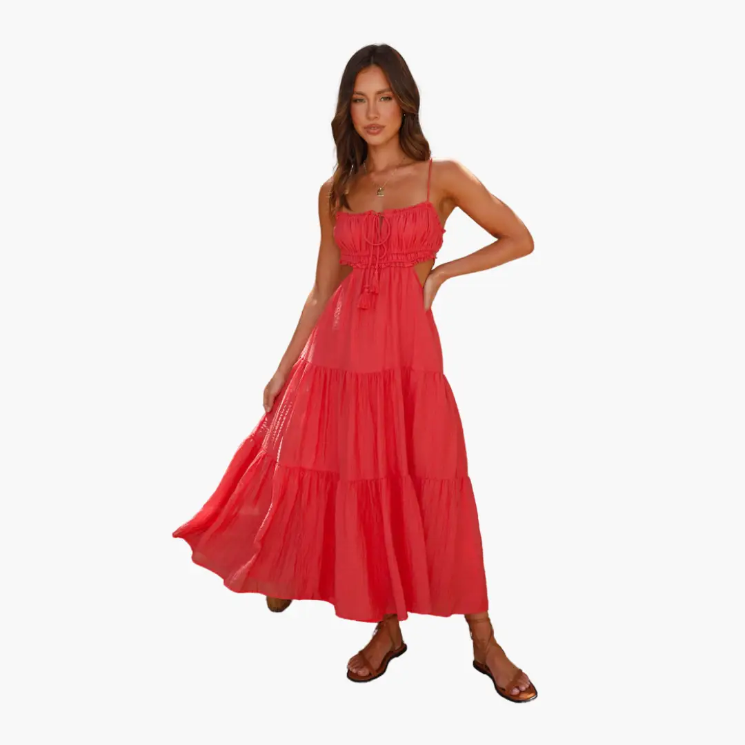 Maxi dress for women in coral boho style with tie-front bust, spaghetti straps, and tiered skirt