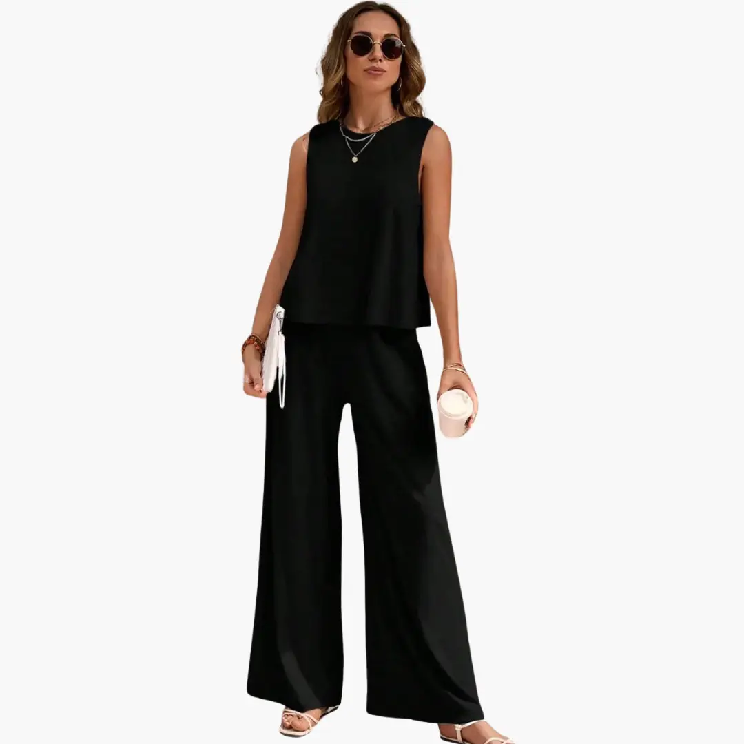 Two-piece women's outfit set in black by Wilfred Smith, sleeveless top and wide-leg pants