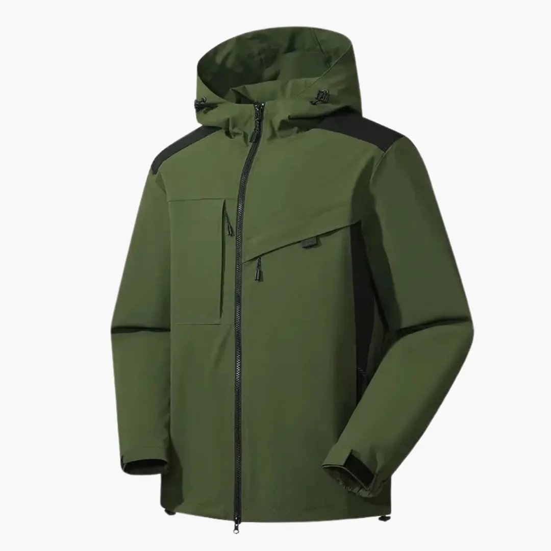 Men's ski jacket with hood in olive green; zipper pockets, Wilfred Smith.
