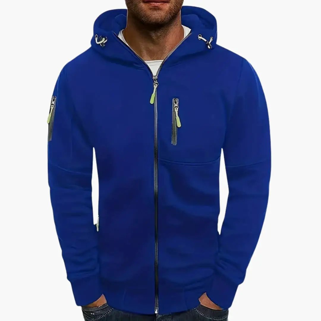 Men’s Hooded Jacket by Wilfred Smith in blue with front zipper and zip pockets