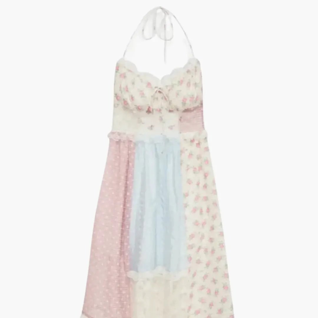 Patchwork maxi dress for women with spaghetti straps in pastel floral panels: pink, blue, cream.