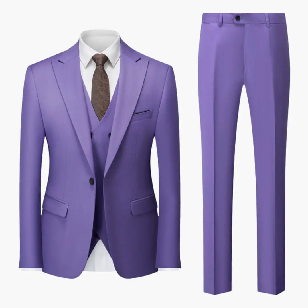 Elegant Slim Fit 3-Piece Suit for Men in purple by Wilfred Smith, jacket, waistcoat and trousers