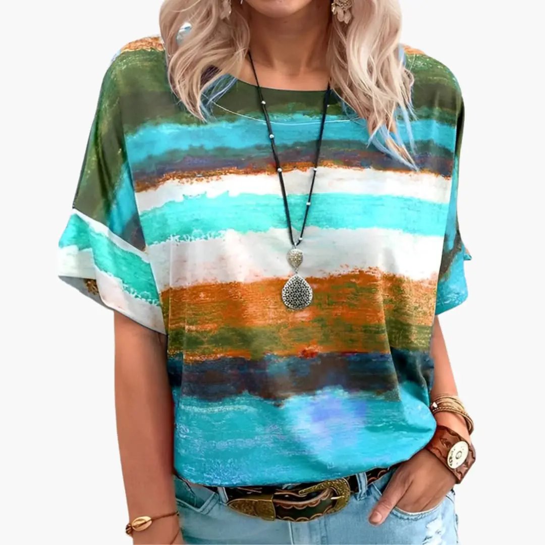 Womens Classic Crew Neck Short Sleeve T-Shirt with a colorful striped abstract print
