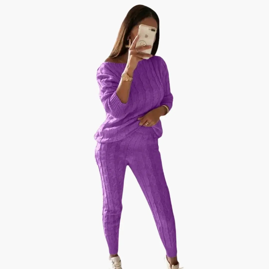 Women's purple knit set (2-piece) with long sleeves and elastic waistband