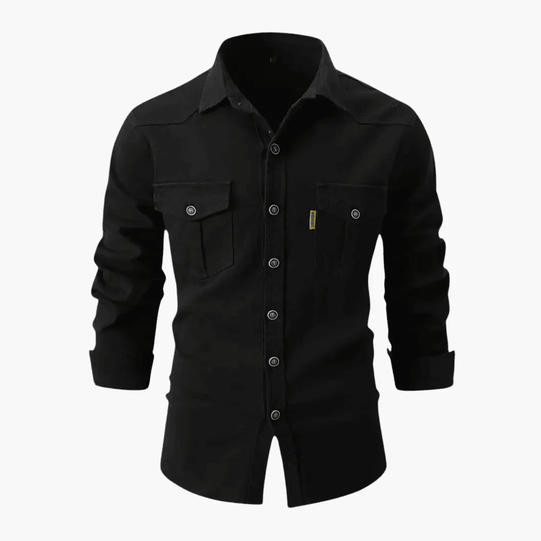 Men's long sleeve shirt by Wilfred Smith in black premium cotton, slim fit with button front and dual chest pockets.