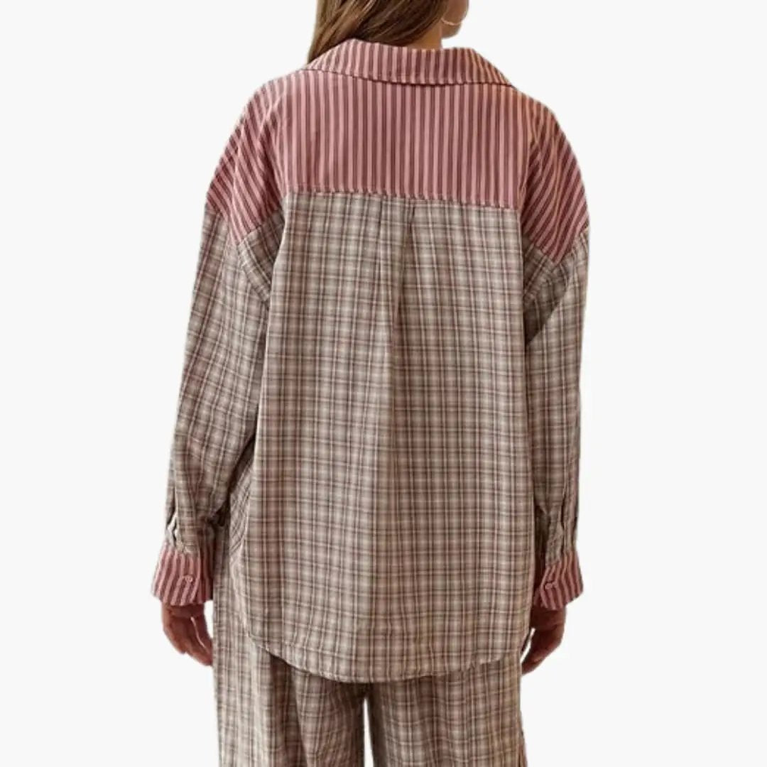 Women's pajama set with pink striped button-top and plaid elastic-waist pants (back view)