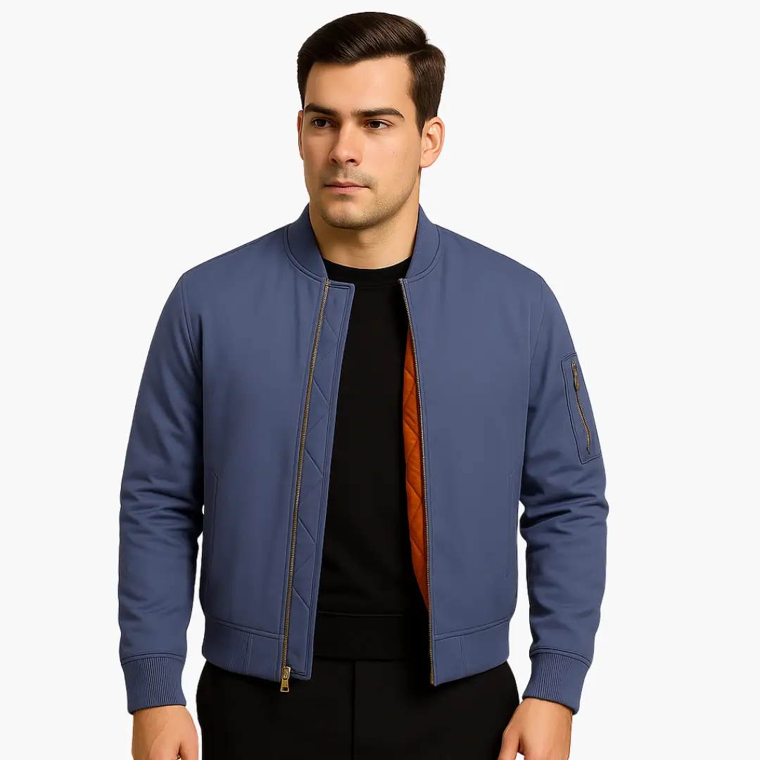 Men's bomber jacket, blue, zip front with orange quilted lining visible, ribbed cuffs and collar.