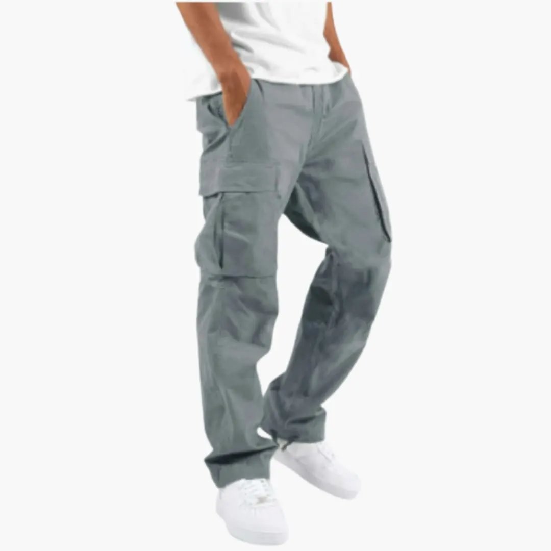 Men's cargo pants with wide legs and multiple pockets in grey