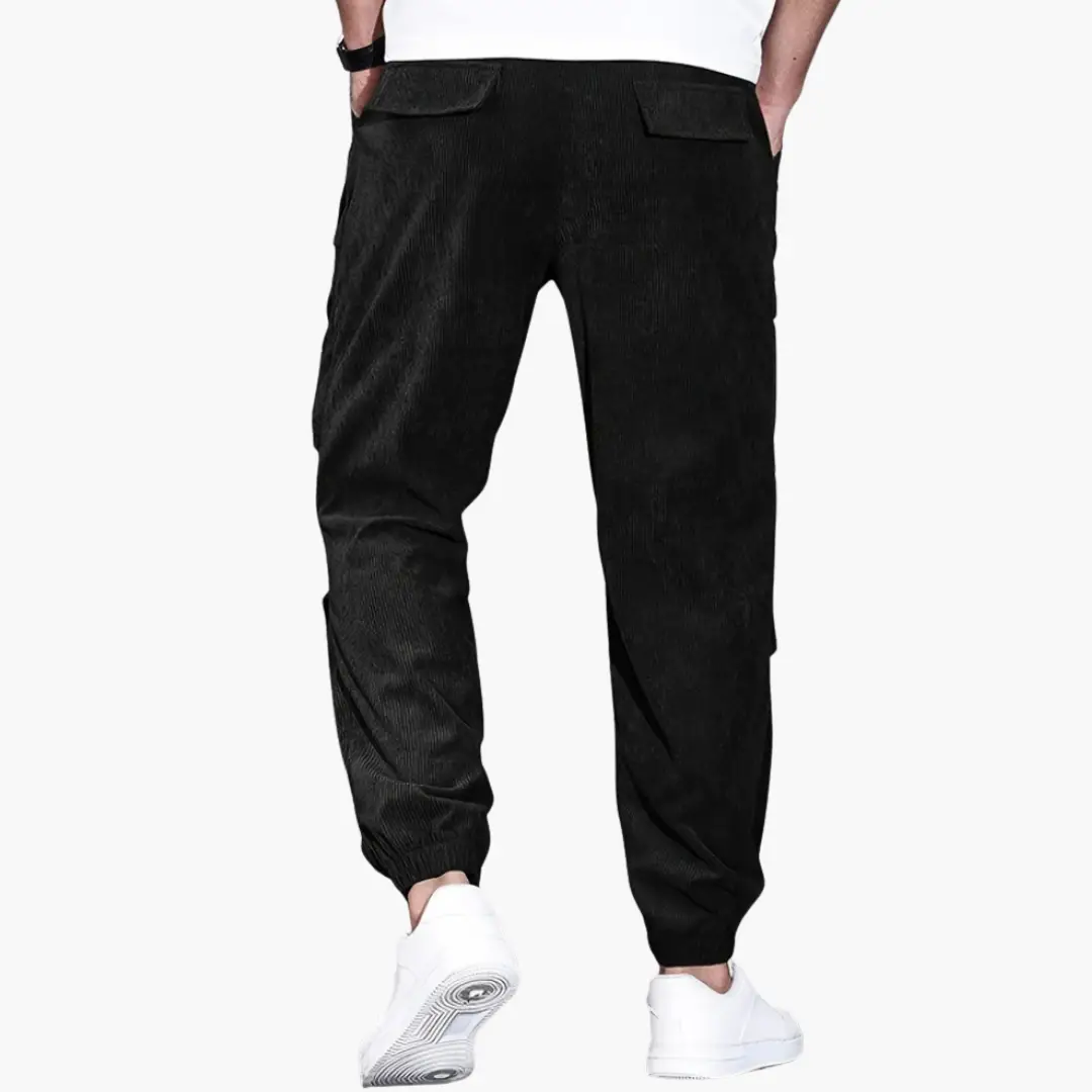 Men's Wilfred Smith corduroy trousers in black with waistband and side pockets