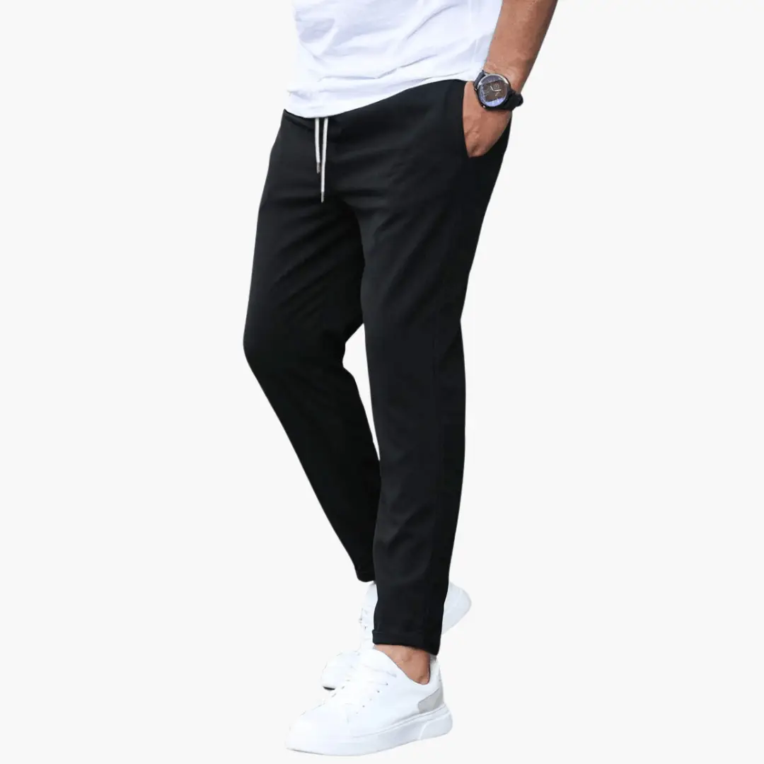 Men's stretch trousers with slim legs in black, drawstring waistband and pockets