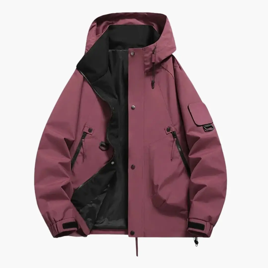 Unisex hooded parka jacket by Wilfred Smith in pink with black lining and zip pockets