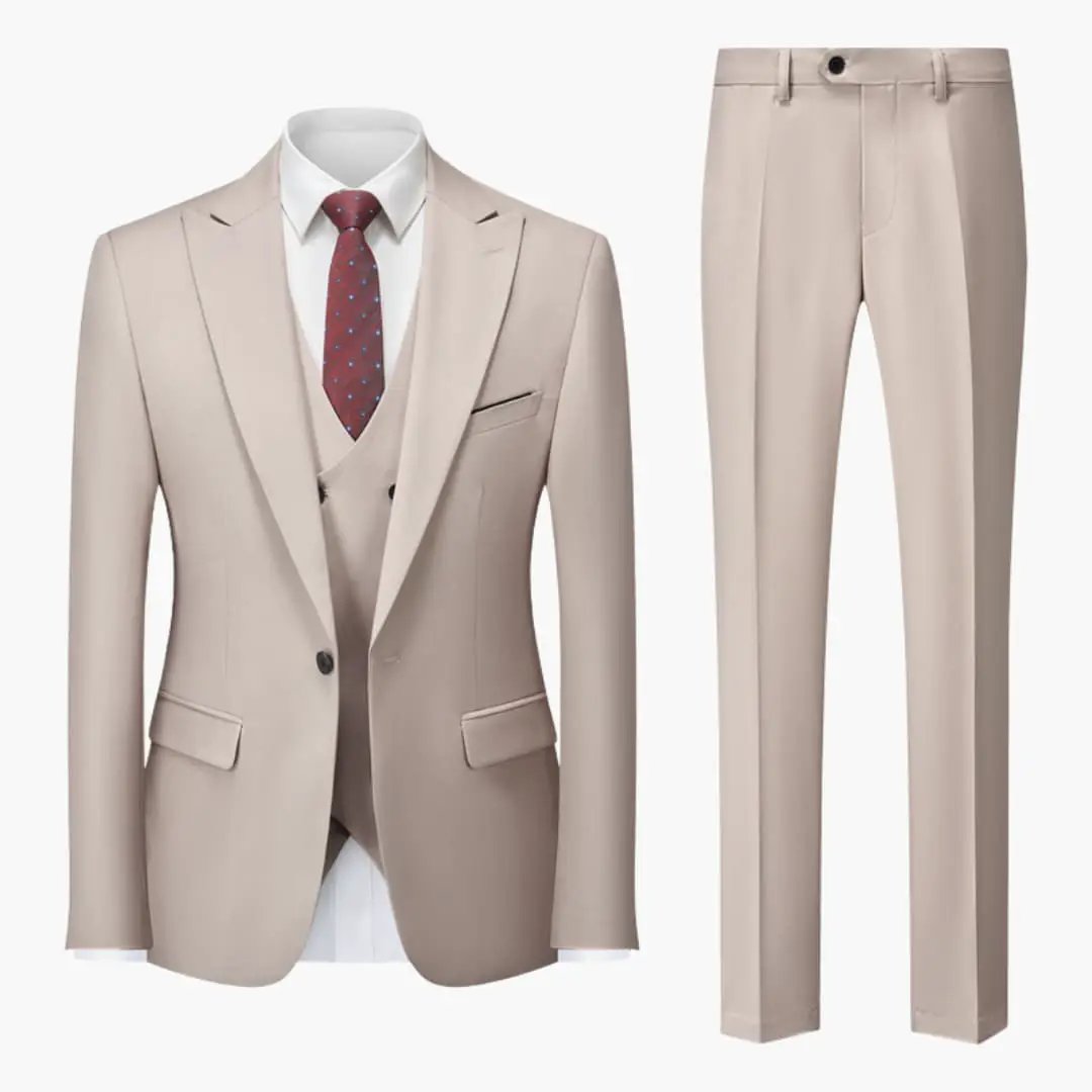 Elegant slim-fit men's 3-piece suit by Wilfred Smith in beige: blazer, waistcoat, and trousers