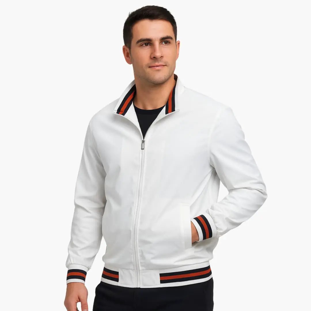 Men's bomber jacket in white with front zipper and orange-black striped cuffs and hem