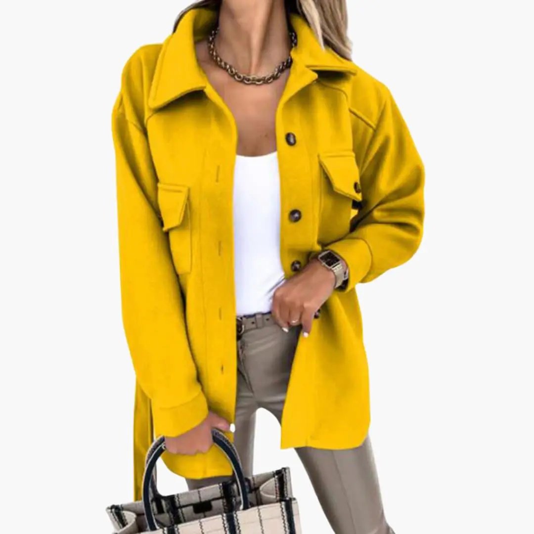Women’s Jacket in yellow long with button front and chest pockets