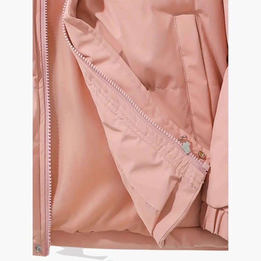 Women's hooded parka jacket, pink with zipper and exterior stitching by Wilfred Smith.