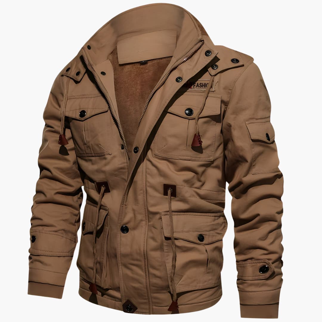Men's winter jacket by Wilfred Smith with zipper and multiple pockets in tan