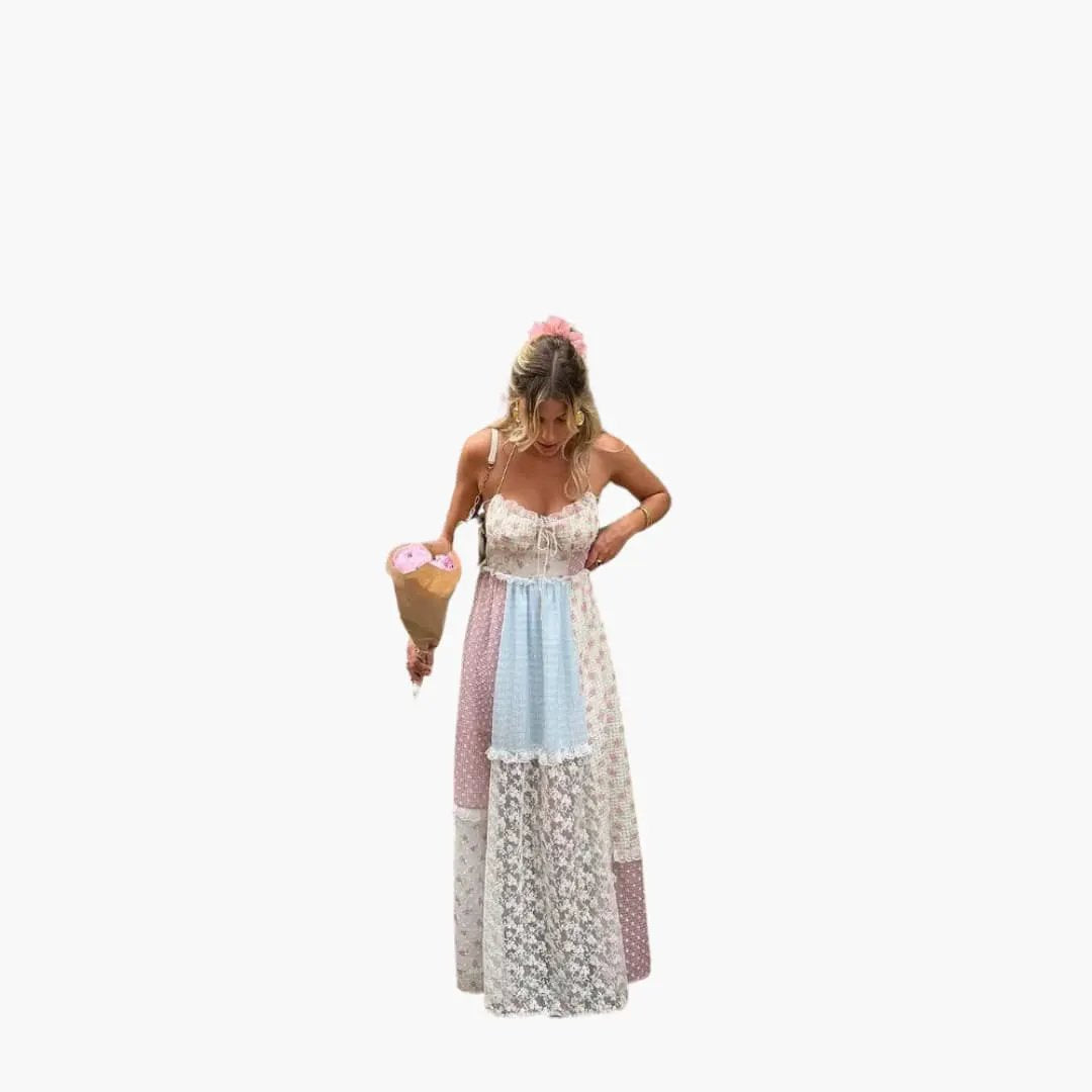 Patchwork Maxi Dress with spaghetti straps in pastel panels by Wilfred Smith