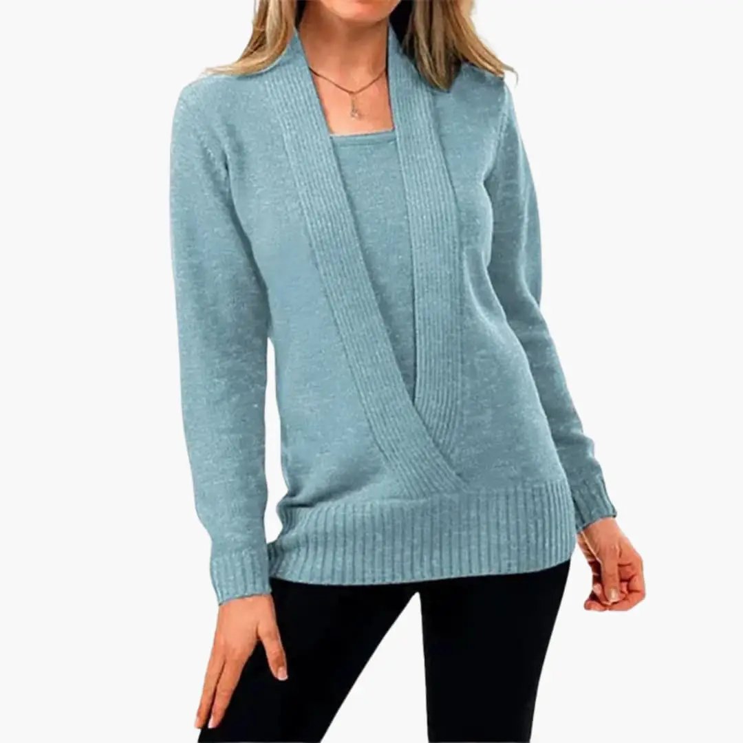 Women's light blue knit sweater with deep V-neck, wrap-front and ribbed hem, long sleeves