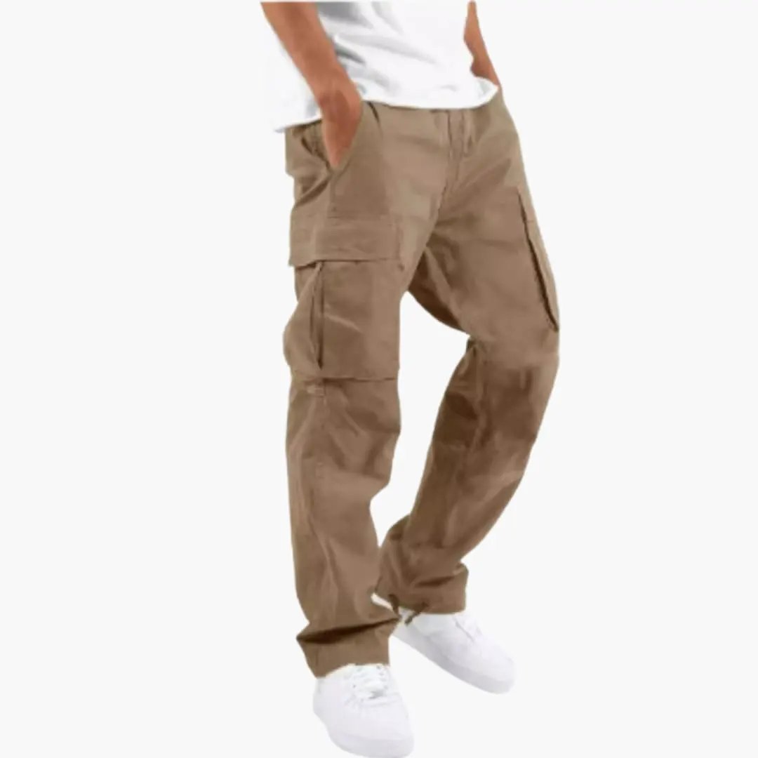 Men’s Cargo Pants, tan wide-leg design with multiple cargo pockets for casual, utilitarian style and everyday wear