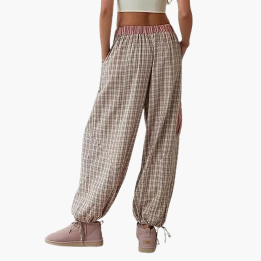 Women's pajama set with striped beige plaid pants and pink elastic waistband