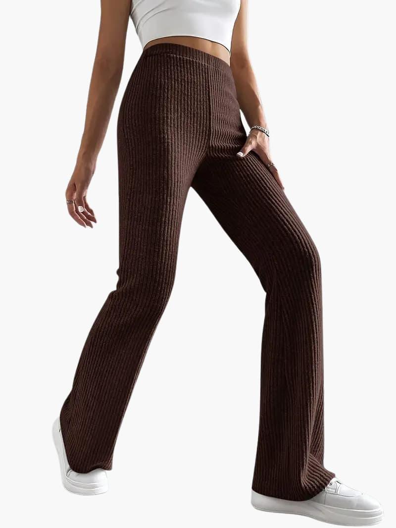Wide high-waist knit pants for women in brown ribbed fabric with a comfy lounge fit