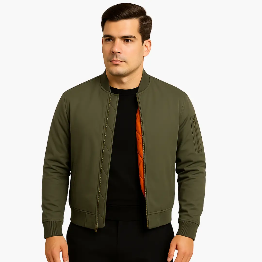 Men's bomber jacket Wilfred Smith olive green with orange lining, zip front, ribbed cuffs