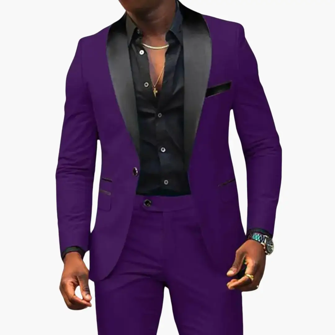 Elegant men's wedding suit, purple two-piece with black satin lapels