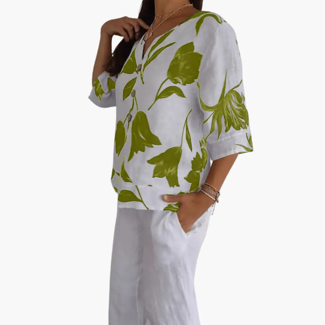 Women's floral print blouse in white with lime green botanical pattern, V-neck top