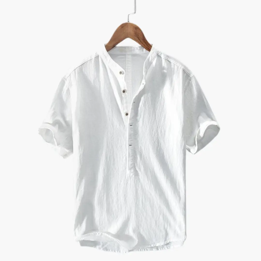 Lightweight white short-sleeve shirt for men by Wilfred Smith with a stand-up collar
