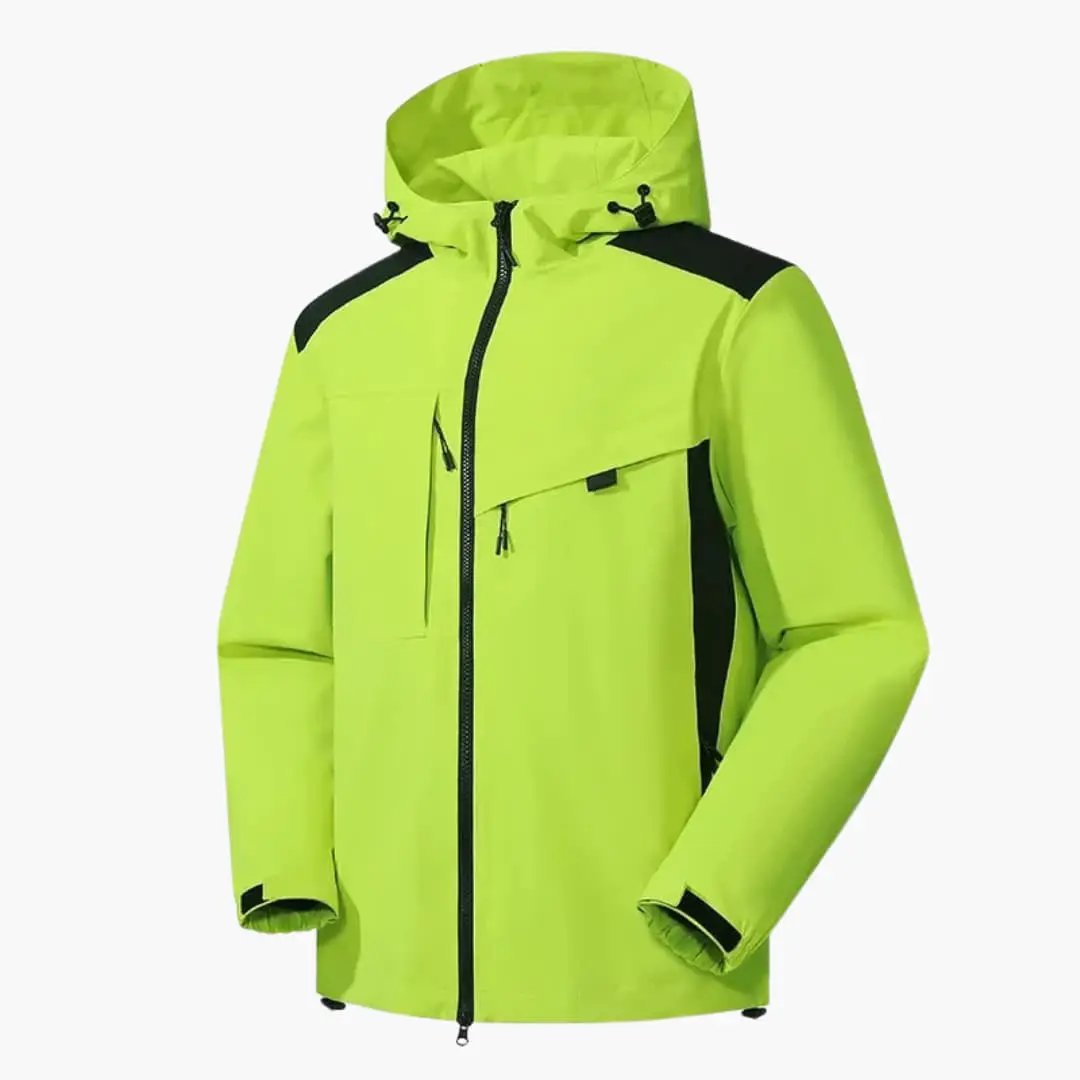 Men's neon yellow ski jacket with hood, black shoulder panels, zip pockets and full front zipper