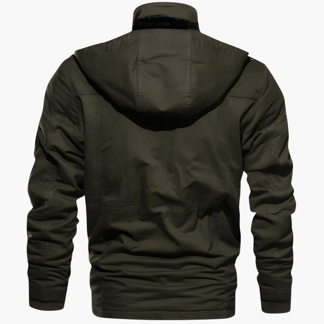 Men's olive green hooded winter jacket back view, durable outdoorsy style