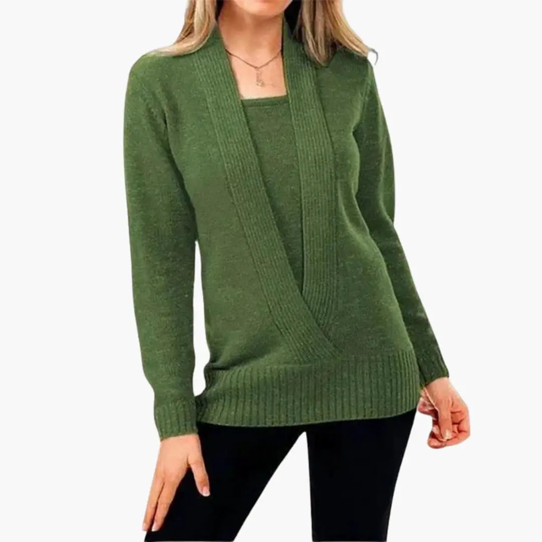 Women's green knit wrap-style sweater with deep V-neck, long sleeves, ribbed hem.